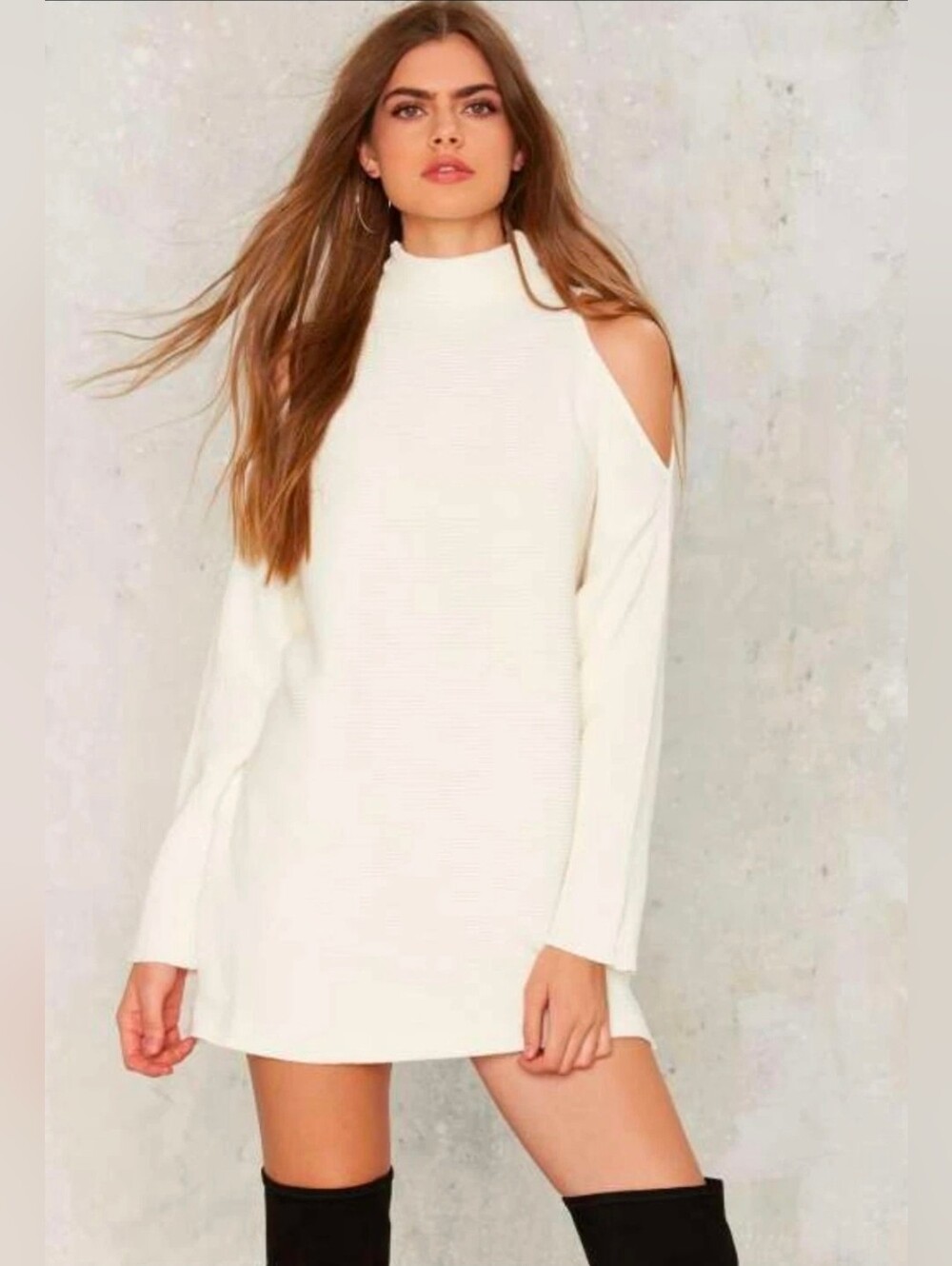 Nasty Gal Mock Turtleneck Cold Shoulder Sweater Dress Ivory Size L